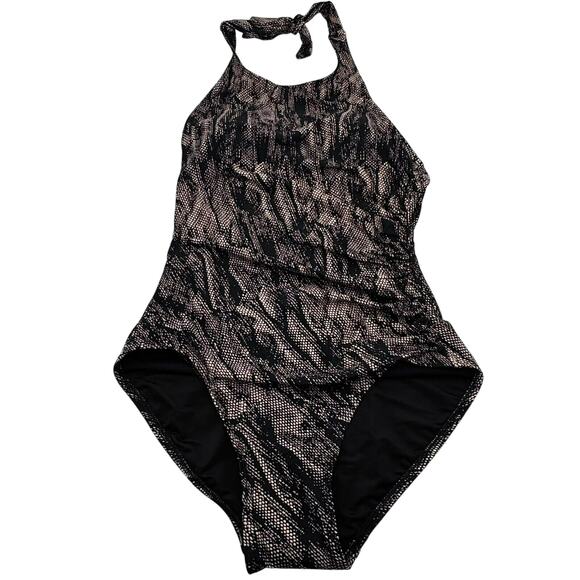 CALVIN KLEIN NEW Women's 8 One Piece Black Tan Print Halter Tie Swimsuit‎ Padded - Picture 1 of 12